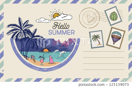Postcard, mail, Hello summer, hand drawn.	 125139073