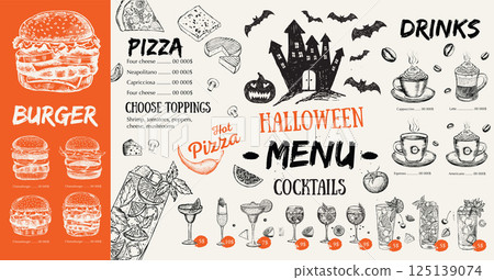 Halloween menu on black background, hand drawn illustrations.	 125139074