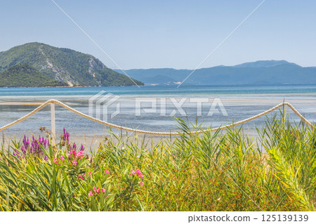 Delta of the Neretva river near the mouth of river into Adriatic Sea, Croatia, Europe. Scenic coastal view with mountains, calm water, and lush vegetation framing the beach. 125139139