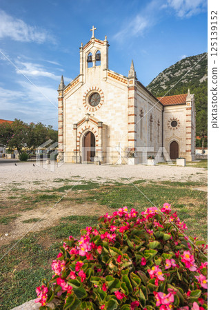 Ston, historic town in Peljesac peninsula in Croatia, Europe. Historic church with a bell tower stands tall against a blue sky, framed by pink flowers. Tranquil scene of architecture. 125139152