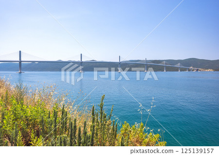 The Peljesac Bridge to Peljesac peninsula in Croatia, Europe. Cable-stayed bridge spanning over the water, seen from coastline with vibrant plants under a clear sky. Serene coastal vista. The Peljesac Bridge to Peljesac peninsula in Croatia, Europe. Cable-stayed bridge spanning over the water, seen from coastline with vibrant plants under a clear sky. Serene coastal vista. 125139157