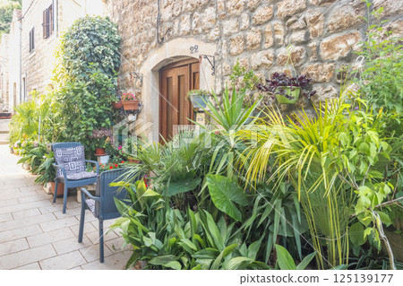 Ston, historic town in Peljesac peninsula in Croatia, Europe. Lush greenery adorns a charming stone building, creating a tranquil outdoor space with comfortable seating and inviting ambiance. Ston, historic town in Peljesac peninsula in Croatia, Europe. Lush greenery adorns a charming stone building, creating a tranquil outdoor space with comfortable seating and inviting ambiance. 125139177