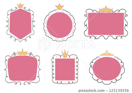 Princess cute pink frame sketch with crown swirl decorations. Simple doodle hand drawn border. Whimsical elegant vintage. 125139356