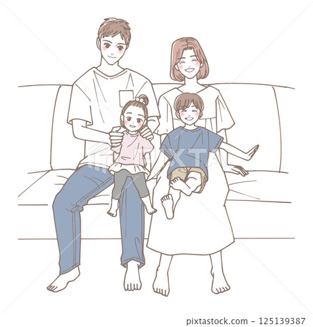 Illustration of a family of four sitting on a sofa Illustration of a family of four sitting on a sofa 125139387