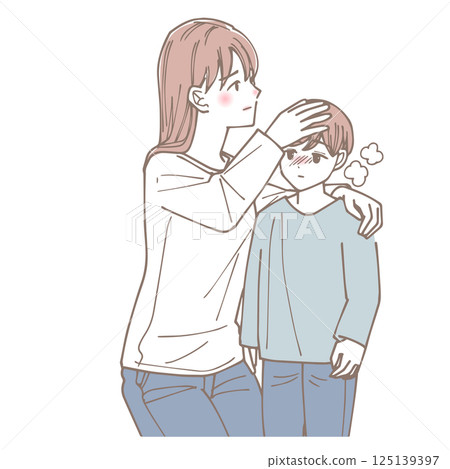 Illustration of a mother taking her son's temperature Illustration of a mother taking her son's temperature 125139397
