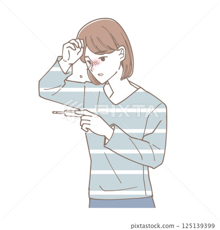 A woman with a cold taking her temperature A woman with a cold taking her temperature 125139399