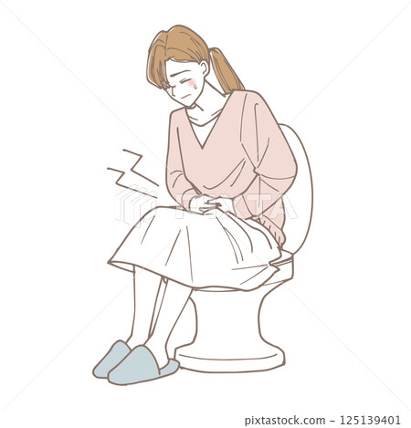 Illustration of a woman holding her stomach in the toilet Illustration of a woman holding her stomach in the toilet 125139401