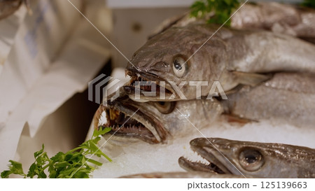 Fresh Fish Displayed on Ice with Parsley at Market Stall 125139663