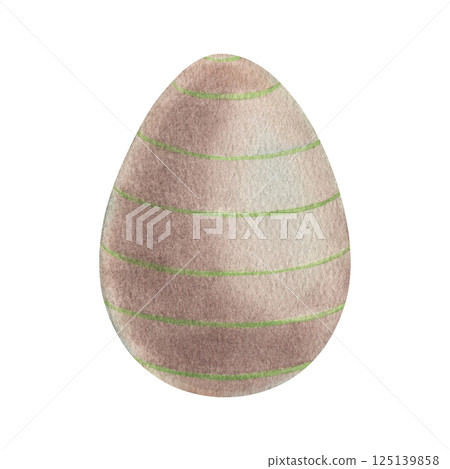 Chicken egg with green stripes for Easter. Hand drawn watercolor illustration of colored decorative element for spring holiday on isolated background. Perfect for greeting cards, posters, invitations. Chicken egg with green stripes for Easter. Hand drawn watercolor illustration of colored decorative element for spring holiday on isolated background. Perfect for greeting cards, posters, invitations. 125139858