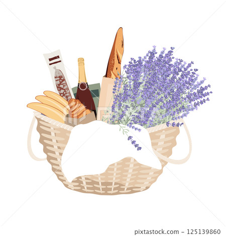 Big picnic basket isolated illustration. Vine bottle, baguette, salami, croissants, book, and a big bunch of lavender flowers. Romantic outdoor date concept. Vector illustration 125139860