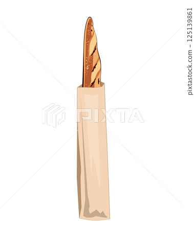 Long crusty and craft baguette in a paper bag. Tasty loaf bread isolated vector illustration. 125139861