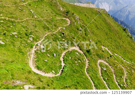 Scenic aerial panoramic view curvy winding serpentine dirt path road alpine mountain peak with green wild grassland meadow and rocky horizon sky landscape. Hill nature scenery hiking route sunny day 125139907