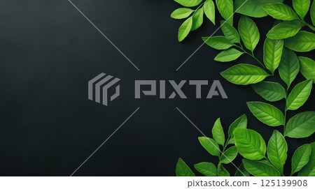A lush arrangement of green leaves on a dark background 125139908