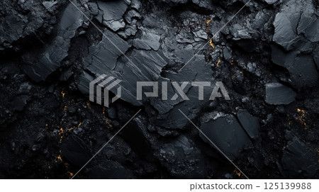 A textured surface featuring dark, rough rocks with varying shades of black and gray 125139988