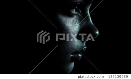 A dramatic close-up of a face illuminated by light, revealing intricate textures and droplets 125139989