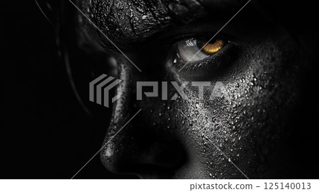 A close-up of a person's face, highlighted by dramatic lighting 125140013
