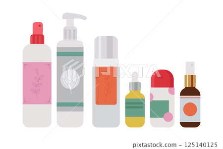 Cosmetics for skin care in bottles, tubes and jars. Cream, lotion, spray, oil, antiperspirant, milk, foam for washing. Vector illustration for female beauty. Cosmetics for skin care in bottles, tubes and jars. Cream, lotion, spray, oil, antiperspirant, milk, foam for washing. Vector illustration for female beauty. 125140125