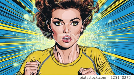 pop art retro style of Vibrant comic-style heroine in action pose. 125140273