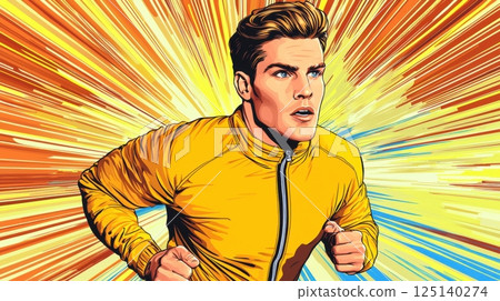 pop art retro style of Dynamic runner in a vibrant comic style 125140274