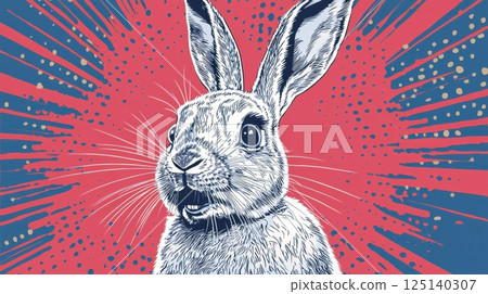 pop art retro style of Whimsical rabbit illustration with vibrant background 125140307