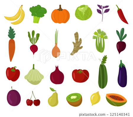 Vegetables, berries and fruits, a set of healthy vegetarian food. The vector illustration is isolated. A colorful collection of farm clipart. Bananas, broccoli, celery, zucchini, cherries 125140341
