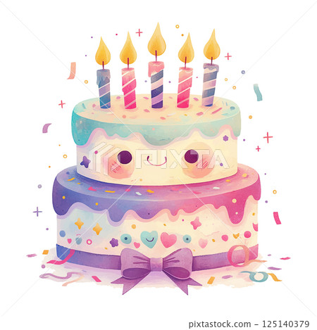Delightful colorful birthday cake with candles and festive decorations celebrating a joyful occasion 125140379