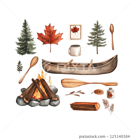 Discover cozy camping elements featuring a canoe, campfire, and nature decorations in a serene outdoor setting 125140384