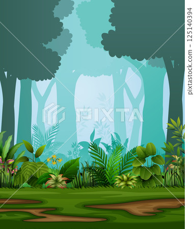 Jungle scene with lush vegetation and towering trees in a misty atmosphere Jungle scene with lush vegetation and towering trees in a misty atmosphere 125140394