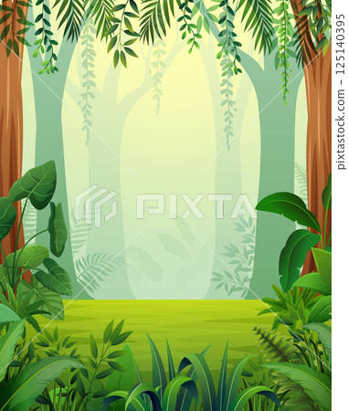 Lush jungle scene full of green plants and trees with sunlight Lush jungle scene full of green plants and trees with sunlight 125140395
