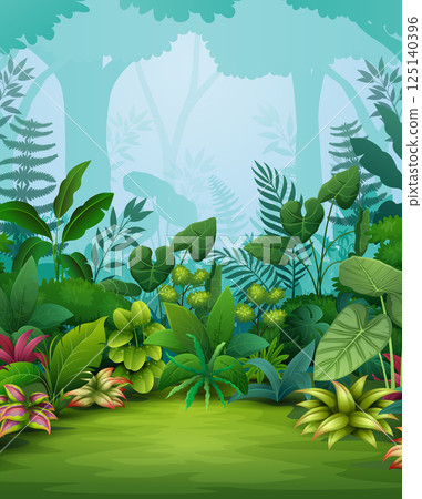 Jungle scene filled with lush green foliage and diverse plant life Jungle scene filled with lush green foliage and diverse plant life 125140396