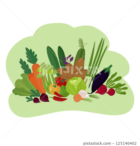 Organic vegetables, healthy food. Poster, banner, background. Cucumbers, potatoes, chili, carrots, cabbage, peppers, eggplants, tomatoes, onions. Vector illustration for printing on paper, fabric, Organic vegetables, healthy food. Poster, banner, background. Cucumbers, potatoes, chili, carrots, cabbage, peppers, eggplants, tomatoes, onions. Vector illustration for printing on paper, fabric, 125140402