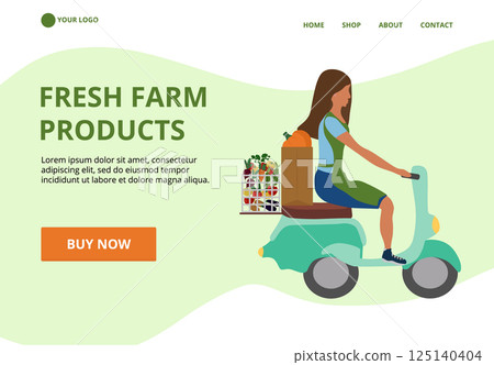 Fresh farm products, the girl delivers on a moped. 125140404