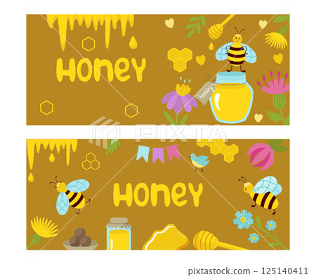Flyers are horizontal with honey and bees. Vector cartoon illustration isolated. Invitation, leaflet for business, for printing 125140411