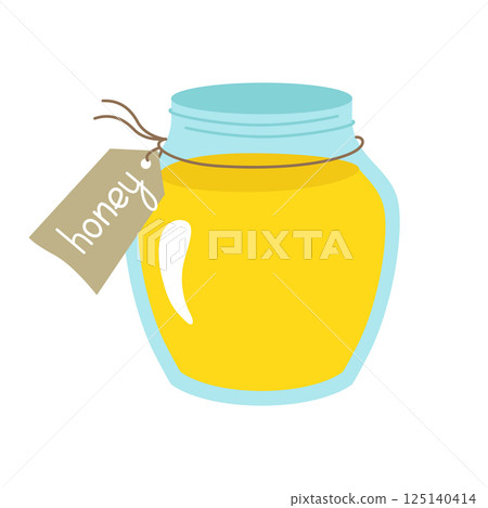 Glass jar with honey, clipart. With an inscription, a tag and a string. Vector cartoon illustration isolated. 125140414