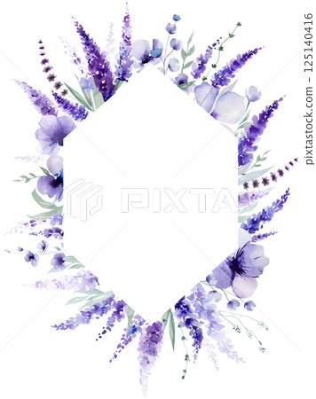 Frame made of watercolor lavender flowers. Purple wildflowers wedding isolated illustration 125140416