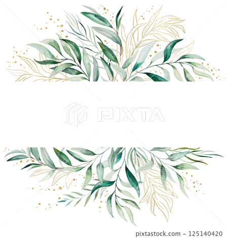 Frame made with light green watercolor leaves, isolated wedding illustration, copy space 125140420