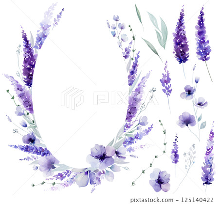 Oval frame made of watercolor lavender flowers. Purple wildflowers wedding isolated illustration Oval frame made of watercolor lavender flowers. Purple wildflowers wedding isolated illustration 125140422