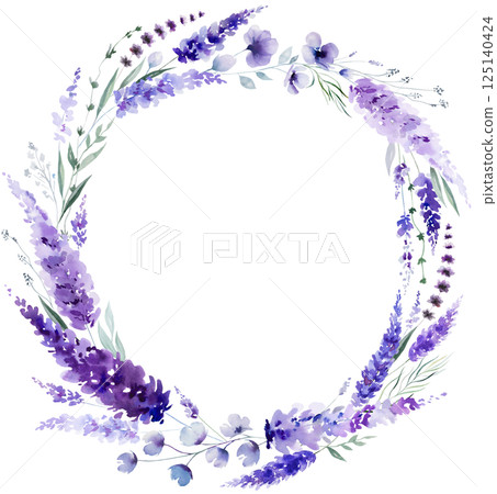 Round frame made of watercolor lavender flowers. Purple wildflowers wedding isolated illustration Round frame made of watercolor lavender flowers. Purple wildflowers wedding isolated illustration 125140424