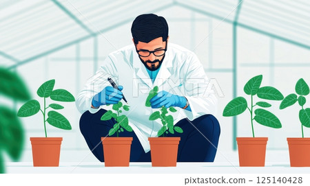 Scientist examining plants in a greenhouse setting Scientist examining plants in a greenhouse setting 125140428