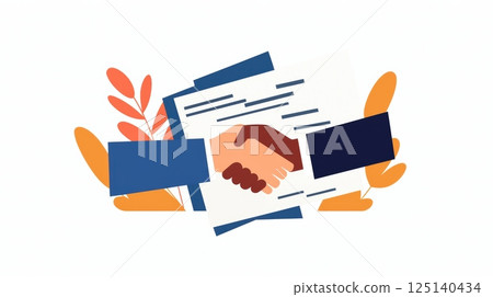 Handshake with documents and leaves illustration. Handshake with documents and leaves illustration. 125140434