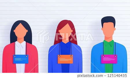 Three people with ID badges standing together Three people with ID badges standing together 125140435