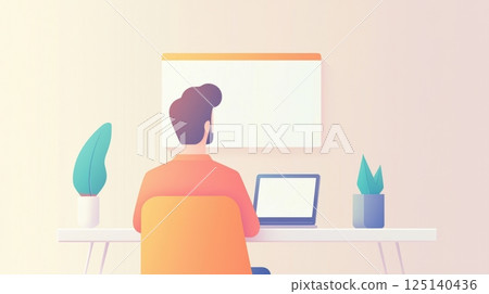 Person working at a desk with a laptop and plants. 125140436