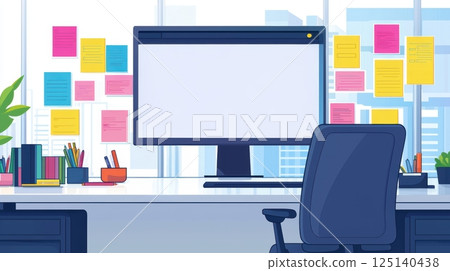 Modern office desk with computer and sticky notes. Modern office desk with computer and sticky notes. 125140438