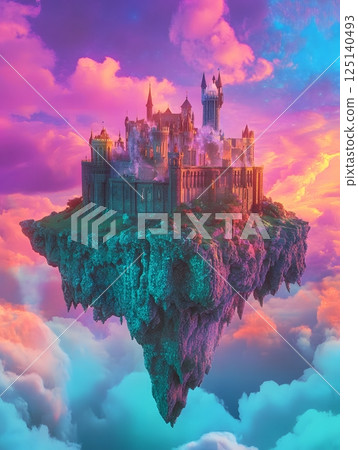 panorama of flying city island at sunset 125140493