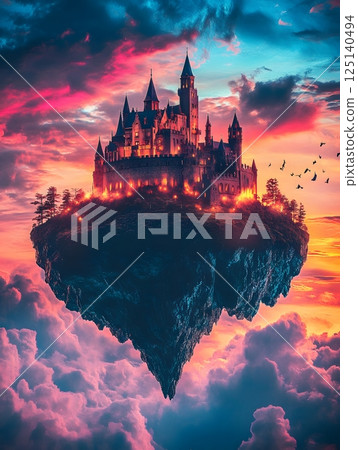 panorama of flying city island at sunset 125140494