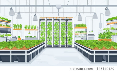 Indoor garden with vibrant green plants and shelving. Indoor garden with vibrant green plants and shelving. 125140529