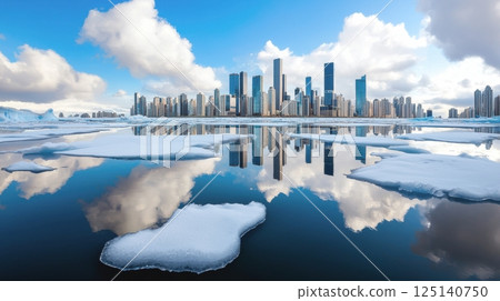 City skyline reflected in icy waters under blue sky 125140750