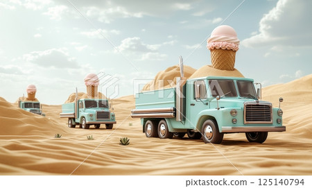Whimsical trucks with ice cream in a desert setting 125140794
