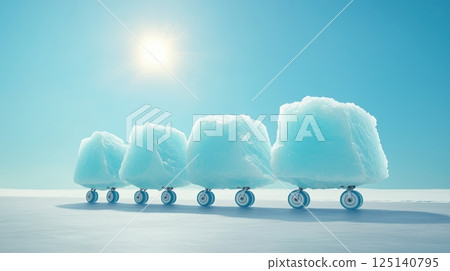 Cloud-like shapes on wheels in bright blue sky 125140795