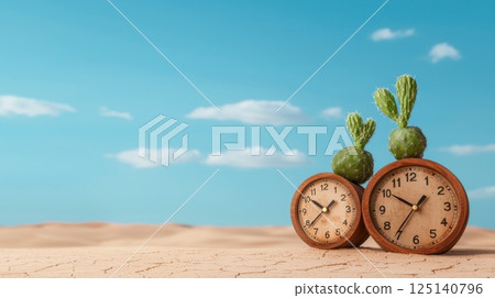 Cacti growing on clock faces in a desert landscape 125140796